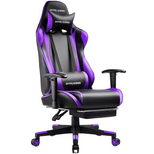 GTRACING Gaming Chair with Footrest, Ergonomic Computer Game Desk Chair, Reclining Gamer Chair Seat Height Adjustment, Swivel Rocker with Headrest and Lumbar, Purple